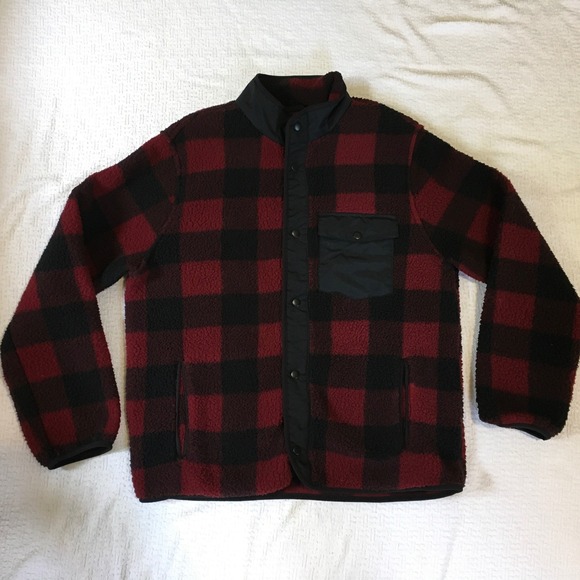 Goodfellow & Co Men's Red Buffalo Plaid Fleece Button Down Shirt Jacket - Picture 1 of 6